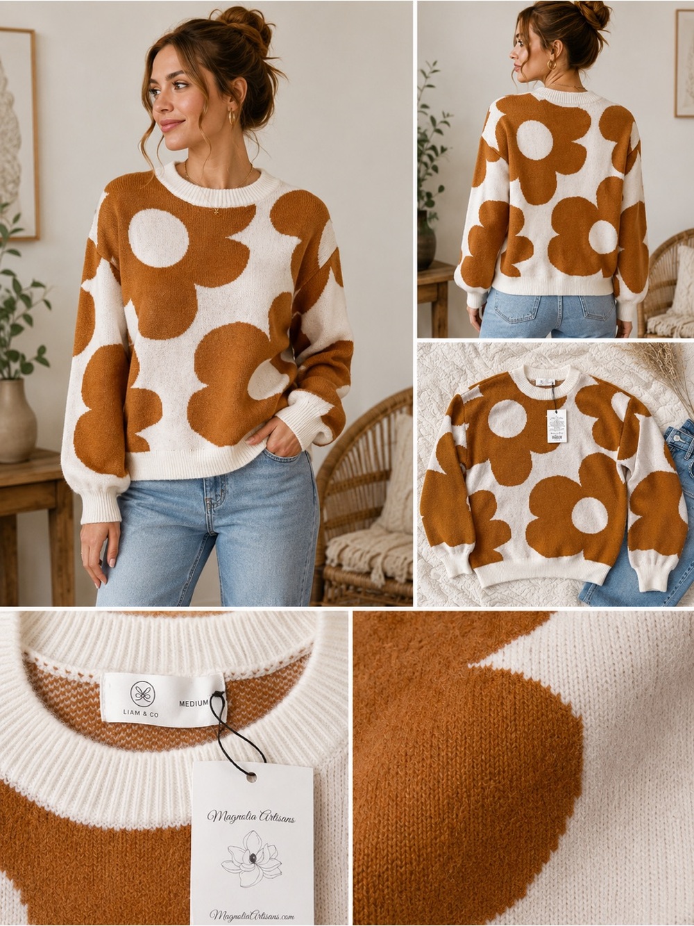 Liam & Co Retro Floral Knit Sweater Rust and Cream Balloon Sleeve NWT Size M